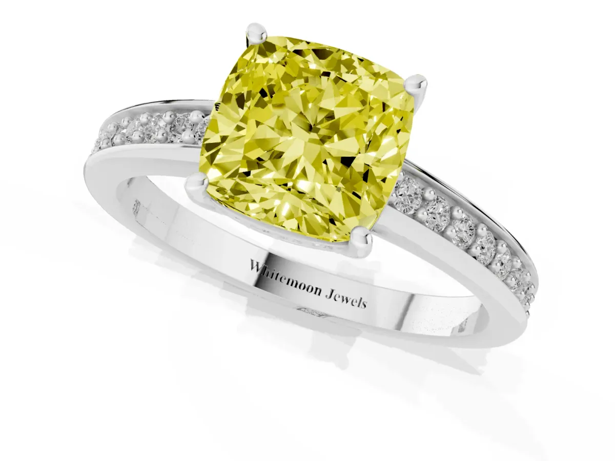 Fancy Yellow Cushion Cut Solitaire Pavé Band Prong Setting Ring Silver