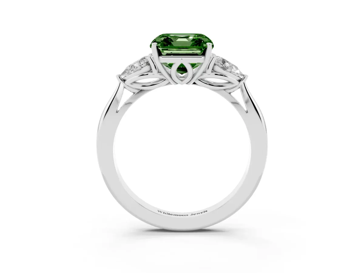 Fancy Green Asscher Cut Diamond Three-Stone Ring with Pear Side Stones and Prong Setting Silver