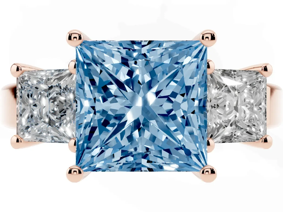 Fancy Blue Three-Stone Princess Cut Cut Solitaire Ring with Prong Setting Rose gold
