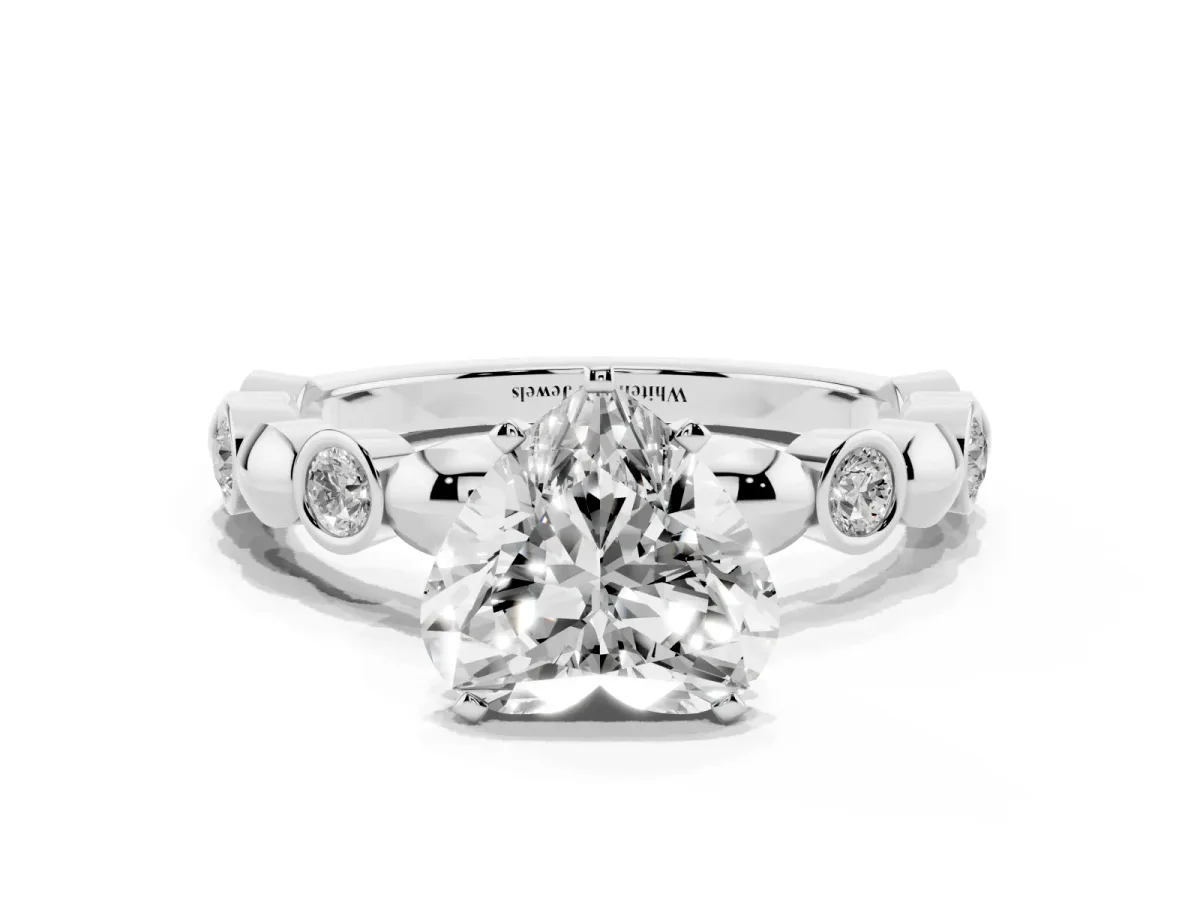Heart Cut Solitaire Bezel-Set Diamond Ring with Beaded Band and Four-Prong Setting Silver