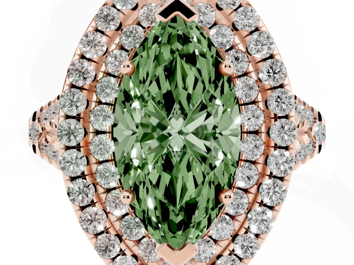 Fancy Green Double Halo Marquise Cut Diamond Pavé Split Shank Ring with Prong Setting Rose gold