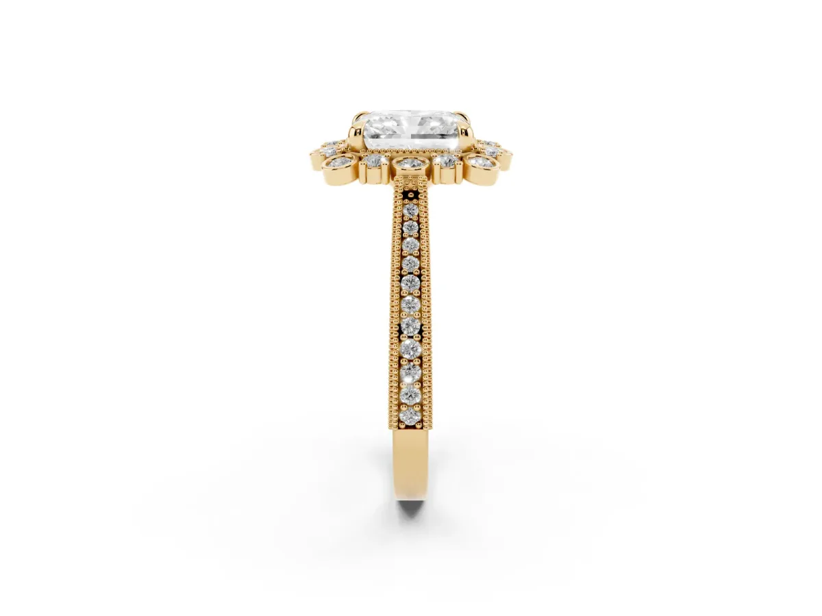 Radiant Cut Halo Milgrain Pave Diamond Ring with Four-Prong Setting Yellow gold