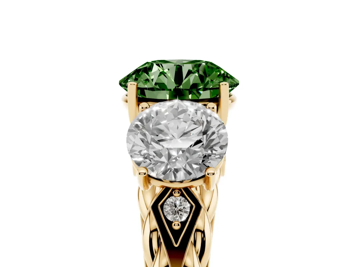 Fancy Green Three-Stone Round Cut Diamond Braided Band Ring with Four-Prong Setting Yellow gold