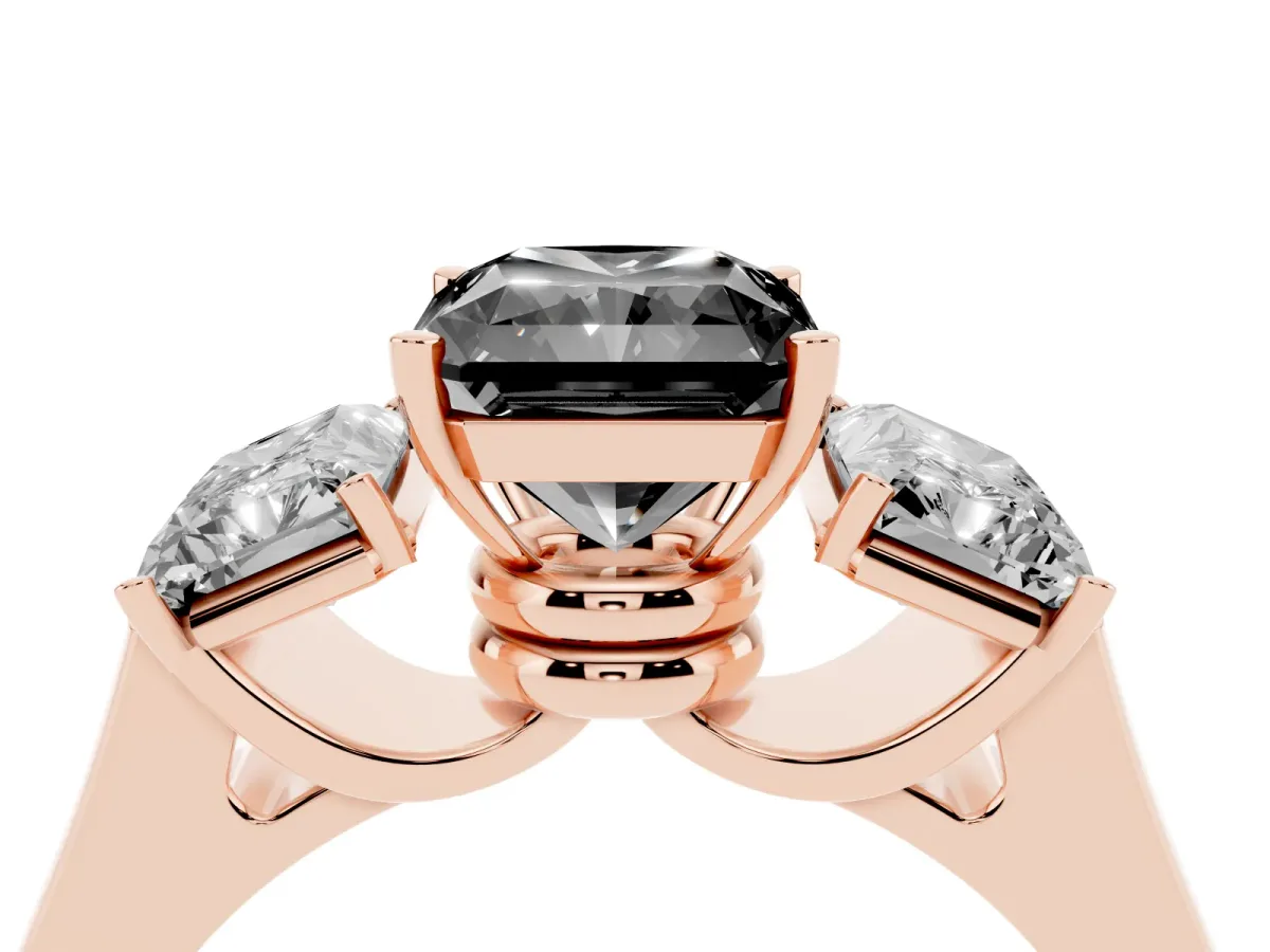 Fancy Black Three-Stone Radiant Cut Brilliant Diamond Trellis Ring with Comfort Fit Band Rose gold