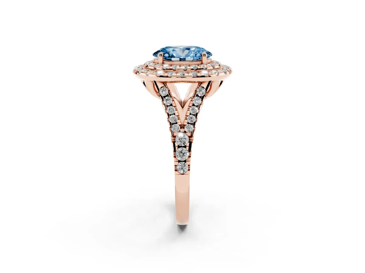 Fancy Blue Double Halo Oval Cut Diamond Pavé Split Shank Ring with Prong Setting Rose gold