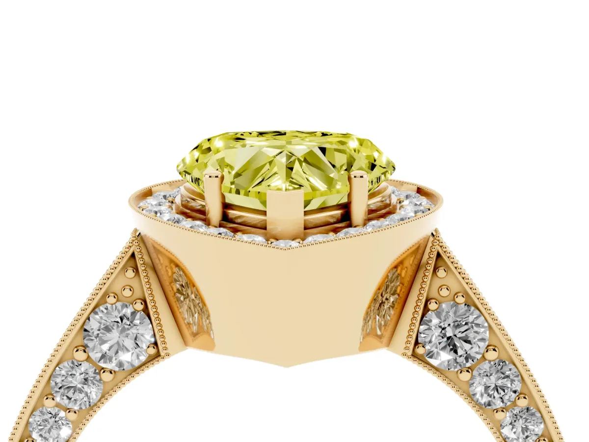 Fancy Yellow Heart Cut Halo Diamond Engagement Ring with Split Shank Band and Four-Prong Setting Yellow gold