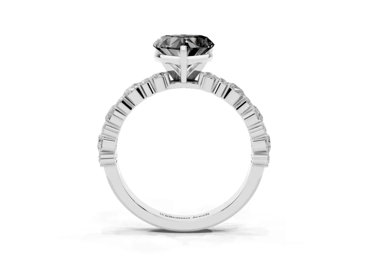 Fancy Black Heart Cut Diamond Side Stone Solitaire Ring with Round and Four-Prong Setting Platinum