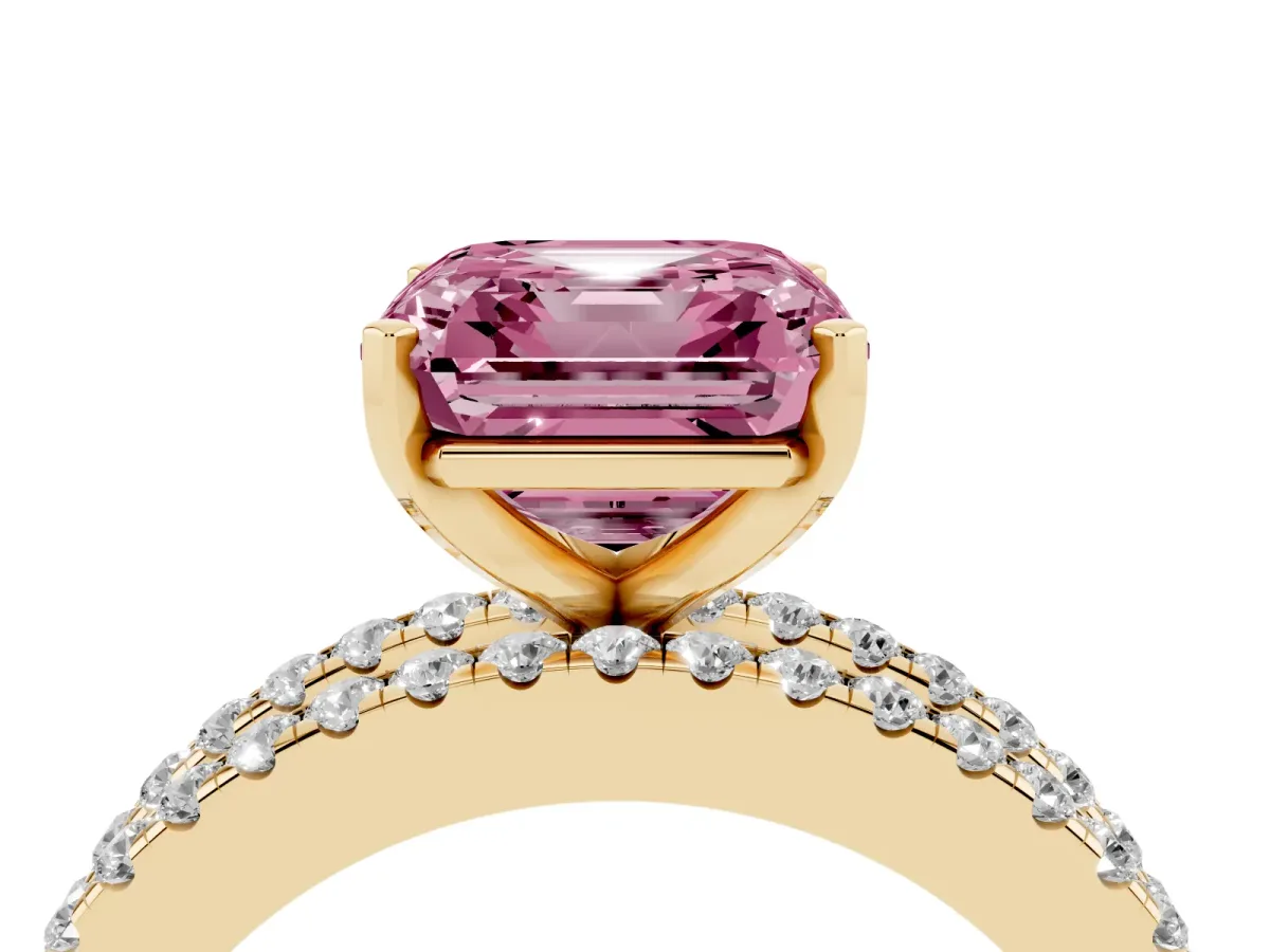 Fancy Pink Asscher Cut Diamond Solitaire Ring with Pavé and Channel Set Band Yellow gold
