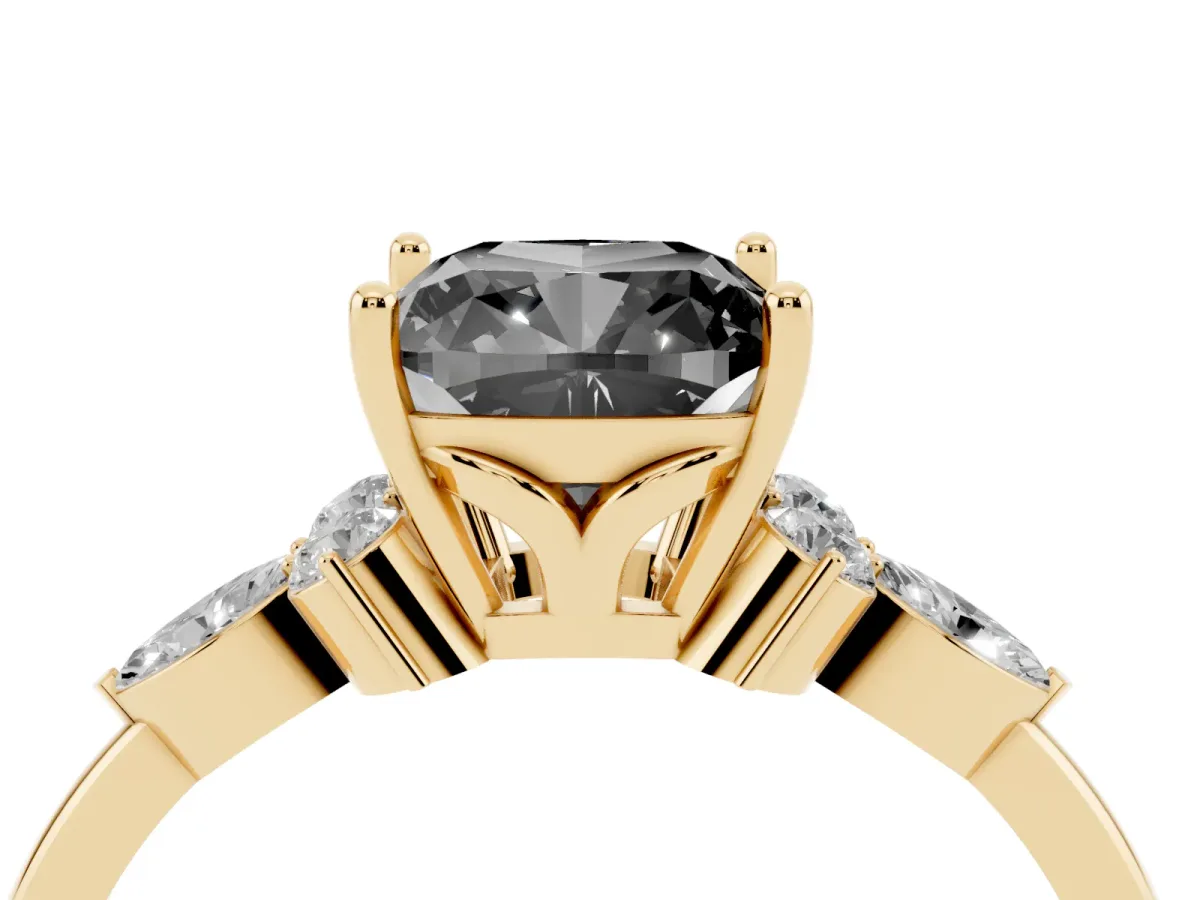 Fancy Black Cushion Cut Brilliant Diamond Solitaire Ring with Pear Side Stones and Four-Prong Setting Yellow gold
