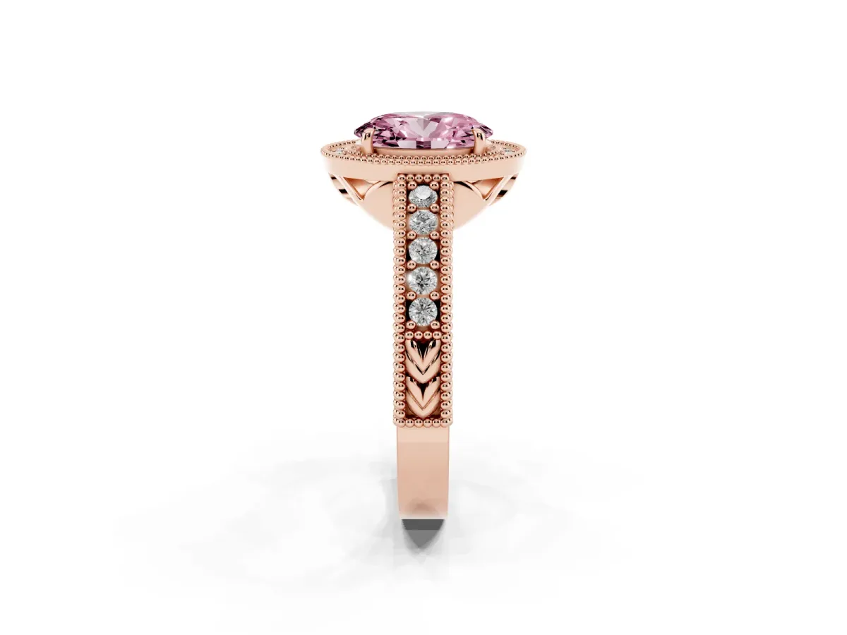 Fancy Pink Oval Cut Cut Halo Diamond Ring with Pavé Band and Four-Prong Setting Rose gold