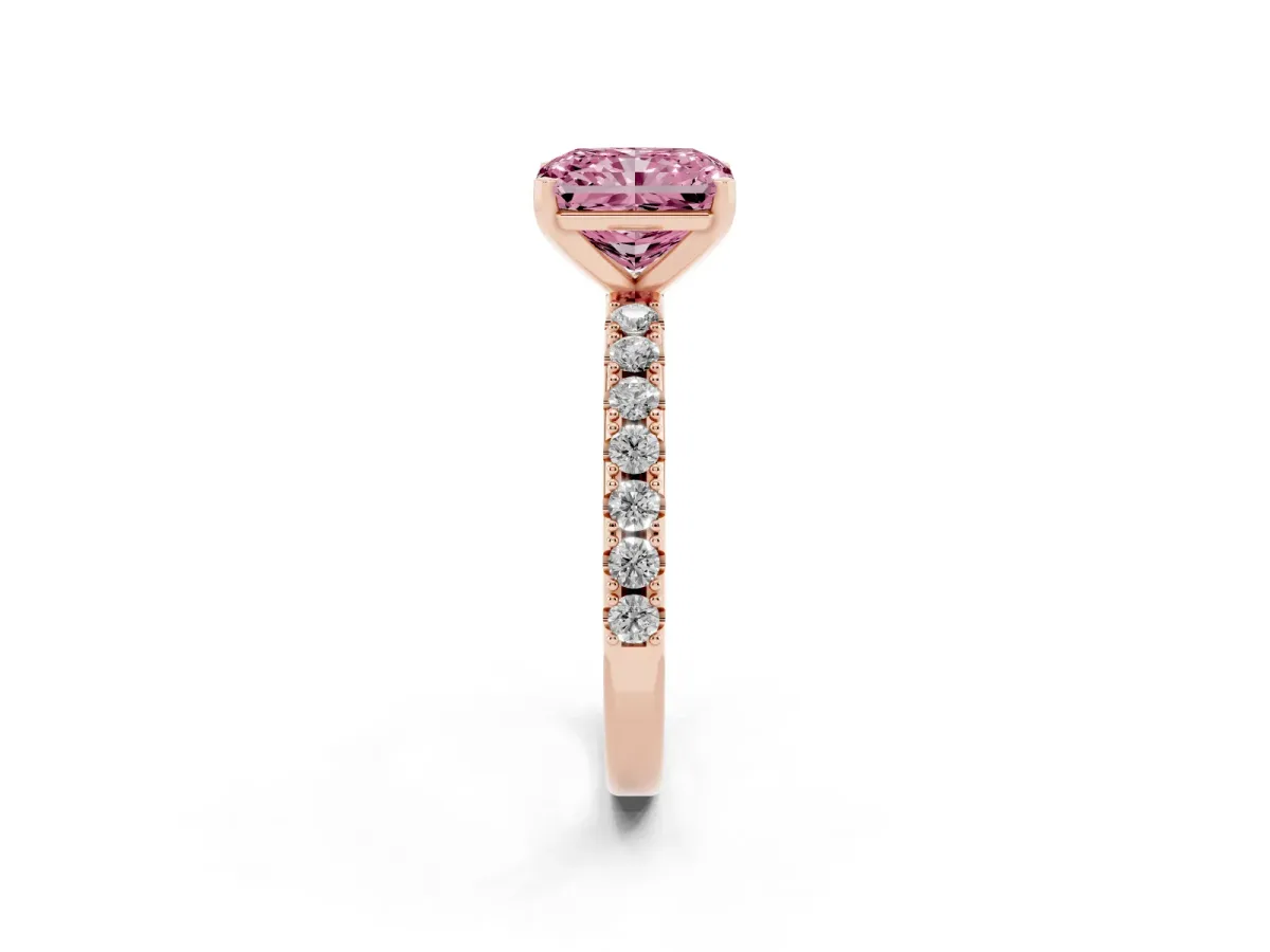 Fancy Pink Radiant Cut Diamond Solitaire Pavé Band with Four-Prong Setting Rose gold