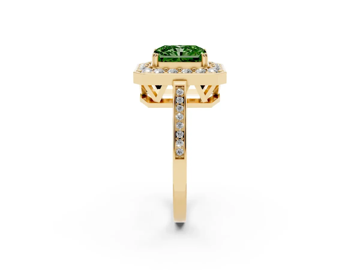 Fancy Green Radiant Cut Diamond Halo Ring with Split Shank and Four-Prong Setting Yellow gold