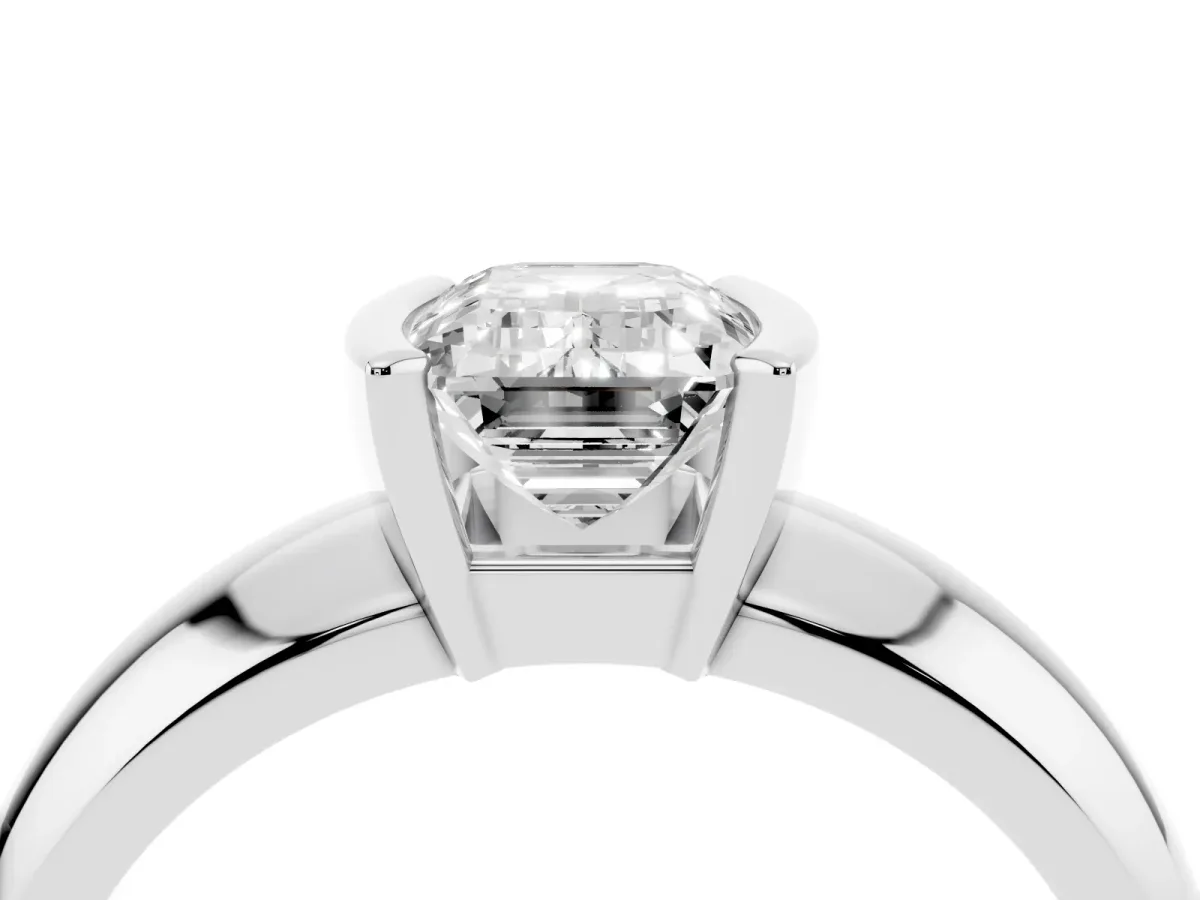 Emerald Cut Solitaire Tension Set Diamond Ring with Wide Band Silver
