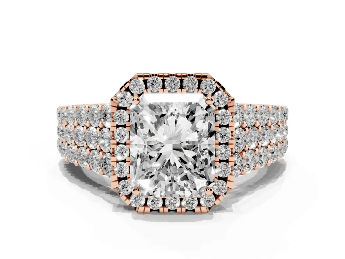 Radiant Cut Diamond Halo Engagement Ring with Triple Row Round Pavé Band and Prong Setting Rose gold