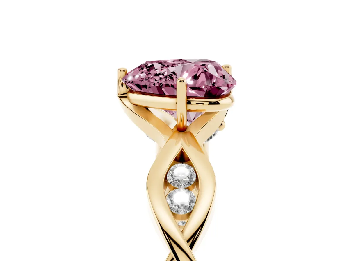 Fancy Pink Heart Cut Solitaire Twist Band with Leaf Prong Setting Yellow gold