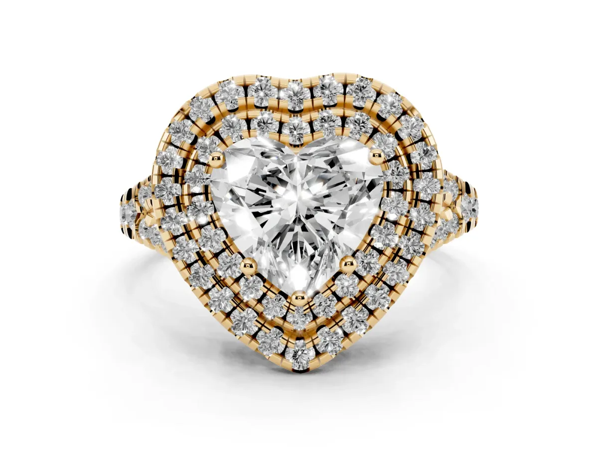 Double Halo Heart Cut Diamond Pavé Split Shank Ring with Prong Setting Yellow gold