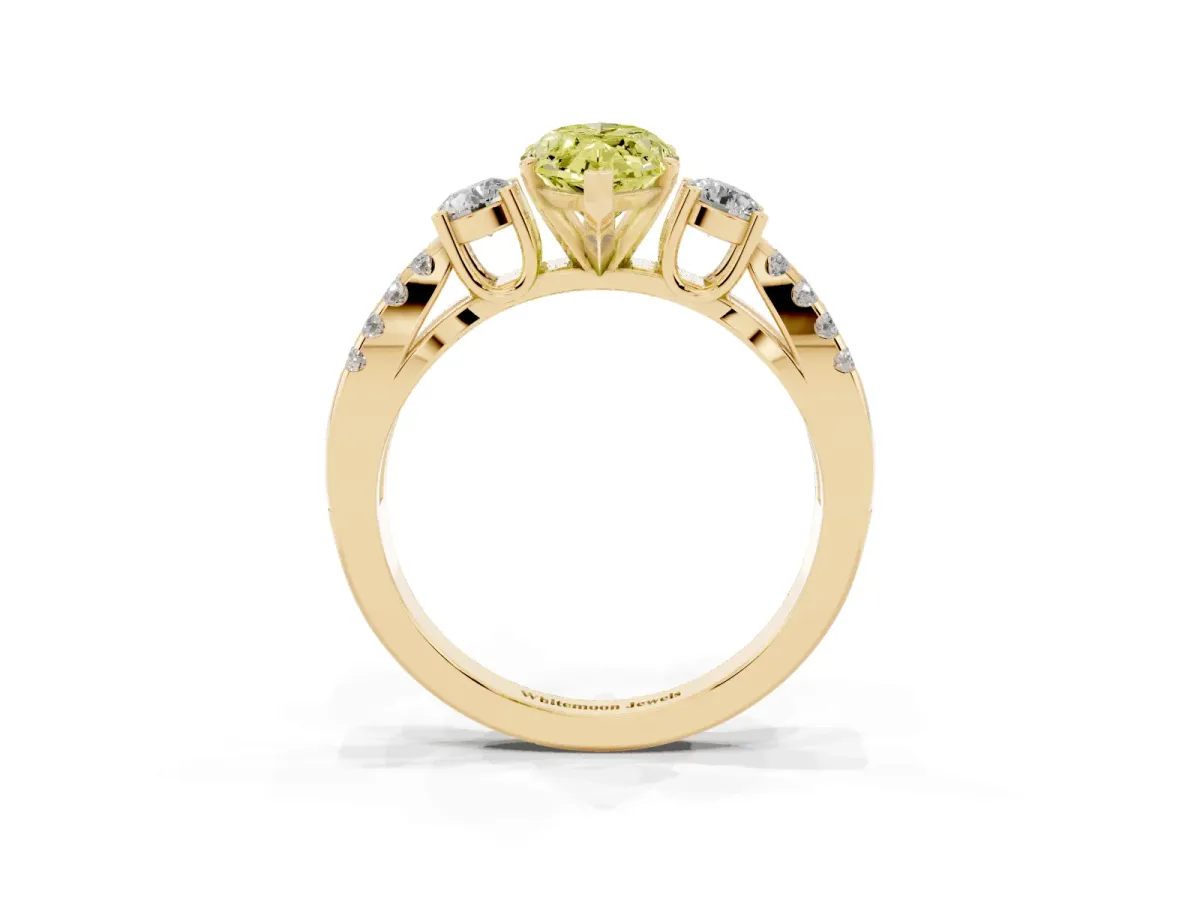 Fancy Yellow Marquise Cut Diamond Three-Stone Ring with Pavé Split Shank and Four-Prong Setting Yellow gold