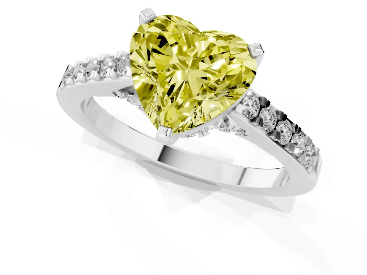 Fancy Yellow Heart Cut Diamond Solitaire Ring with Crossover Gallery and Round Pavé Band Platinum
