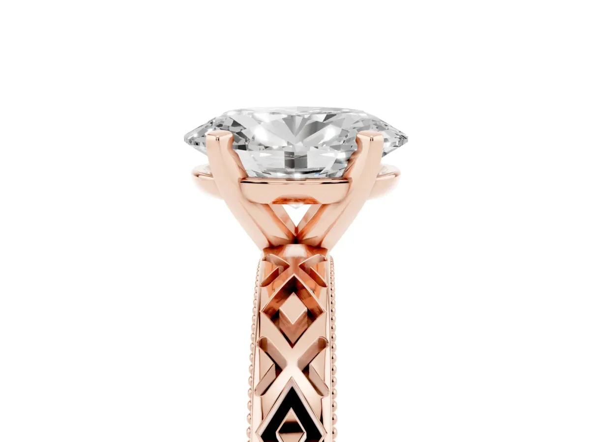 Oval Cut Solitaire Diamond Ring with Milgrain and Black Enamel X Pattern Band Rose gold