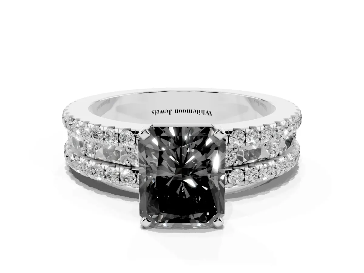 Fancy Black Radiant Cut Diamond Solitaire Ring with Pavé and Channel Set Band Silver