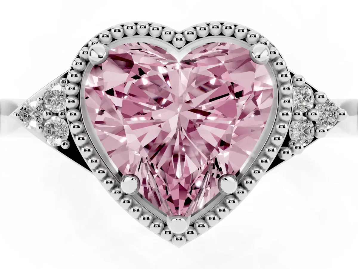 Fancy Pink Hexagonal Halo Heart Cut Diamond Solitaire with Pavé Band and Four-Prong Setting Silver