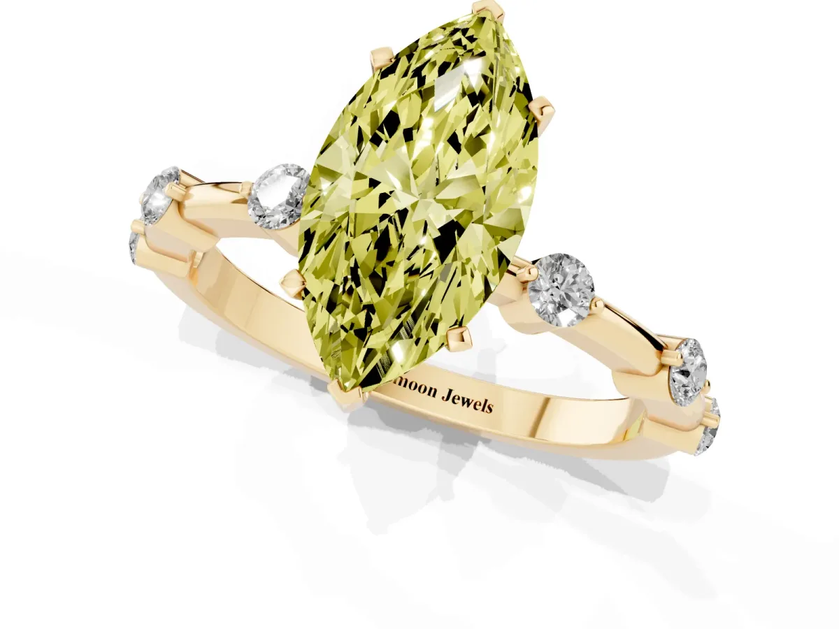 Fancy Yellow Marquise Cut Solitaire Diamond Ring with Bezel Set Side Stones and Prong Setting Yellow gold