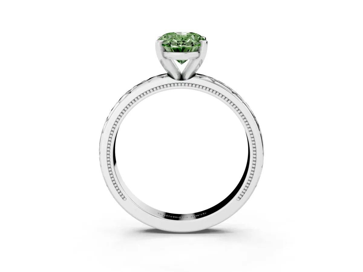 Fancy Green Oval Cut Solitaire Engagement Ring with Scrollwork Band and Four-Prong Setting White gold