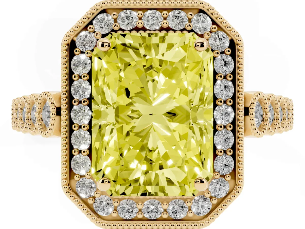 Fancy Yellow Radiant Cut Halo Milgrain Solitaire with Bezel Set Side Stones and Pave Band Yellow gold