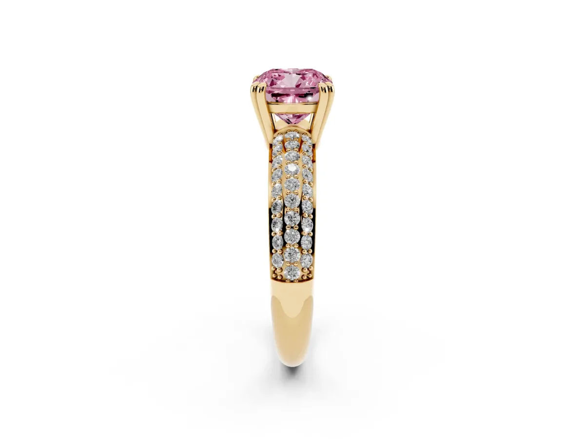 Fancy Pink Cushion Cut Diamond Solitaire Ring with Multi-Row Round Pavé Band and Prong Setting Yellow gold