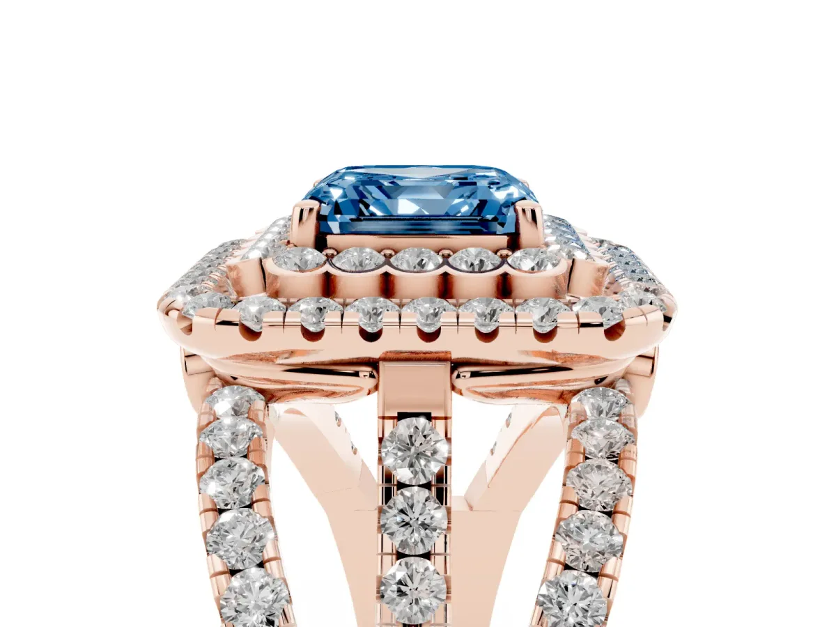 Fancy Blue Asscher Cut Diamond Double Halo Ring with Round Pavé Split Shank and Prong Setting Rose gold