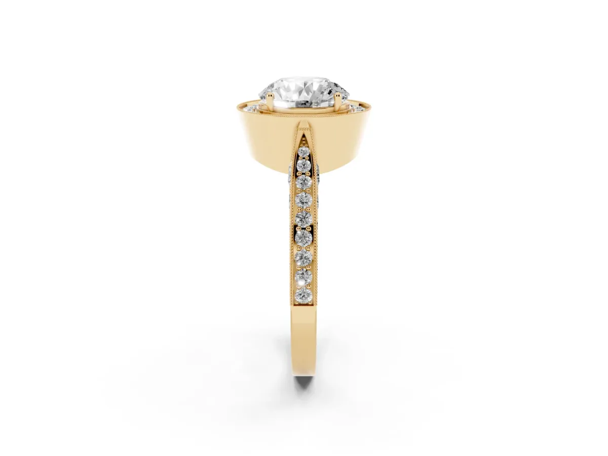 Round Cut Halo Diamond Engagement Ring with Split Shank Band and Four-Prong Setting Yellow gold