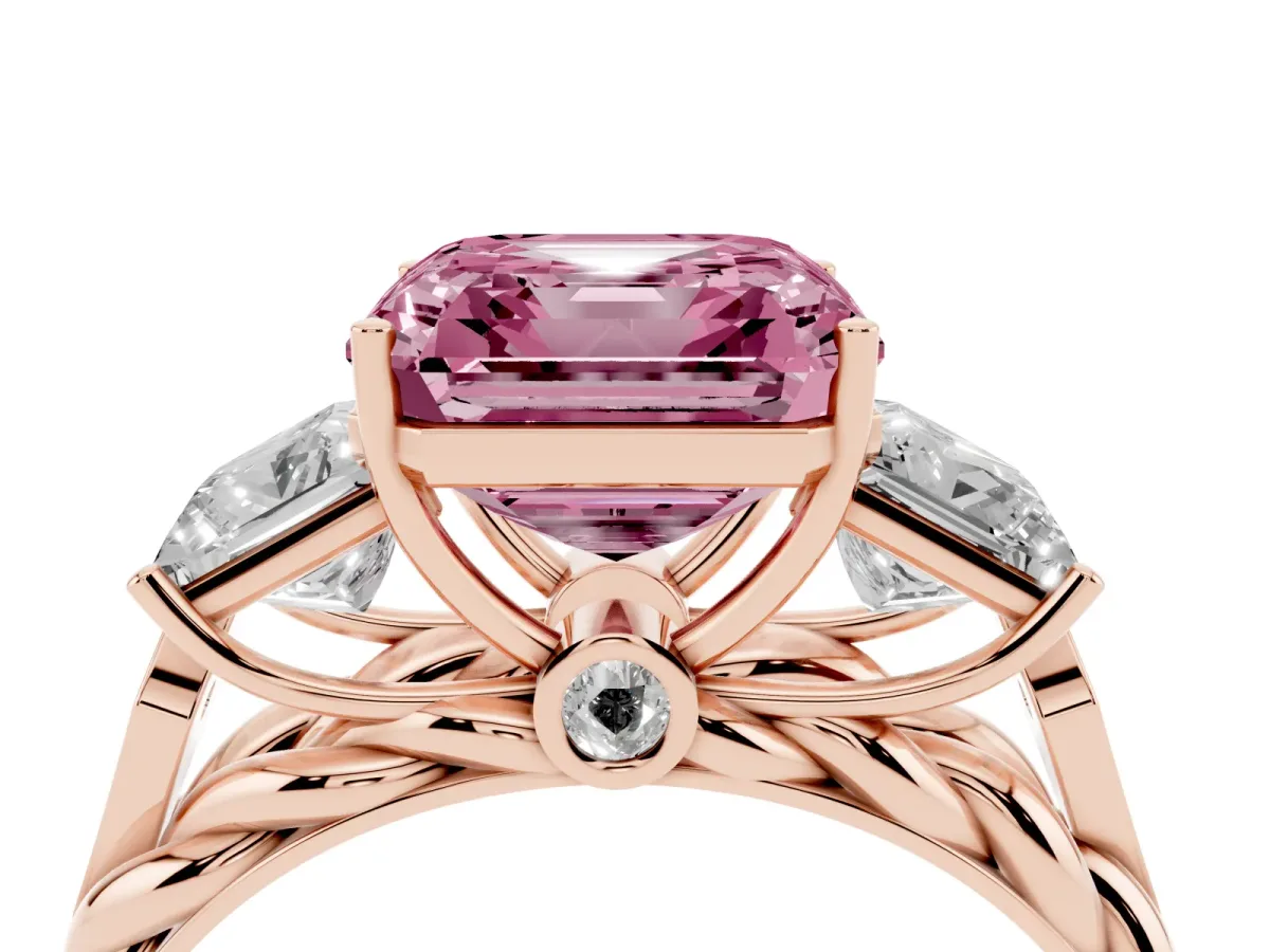Fancy Pink Three-Stone Asscher Cut Diamond Braided Band Ring with Four-Prong Setting Rose gold