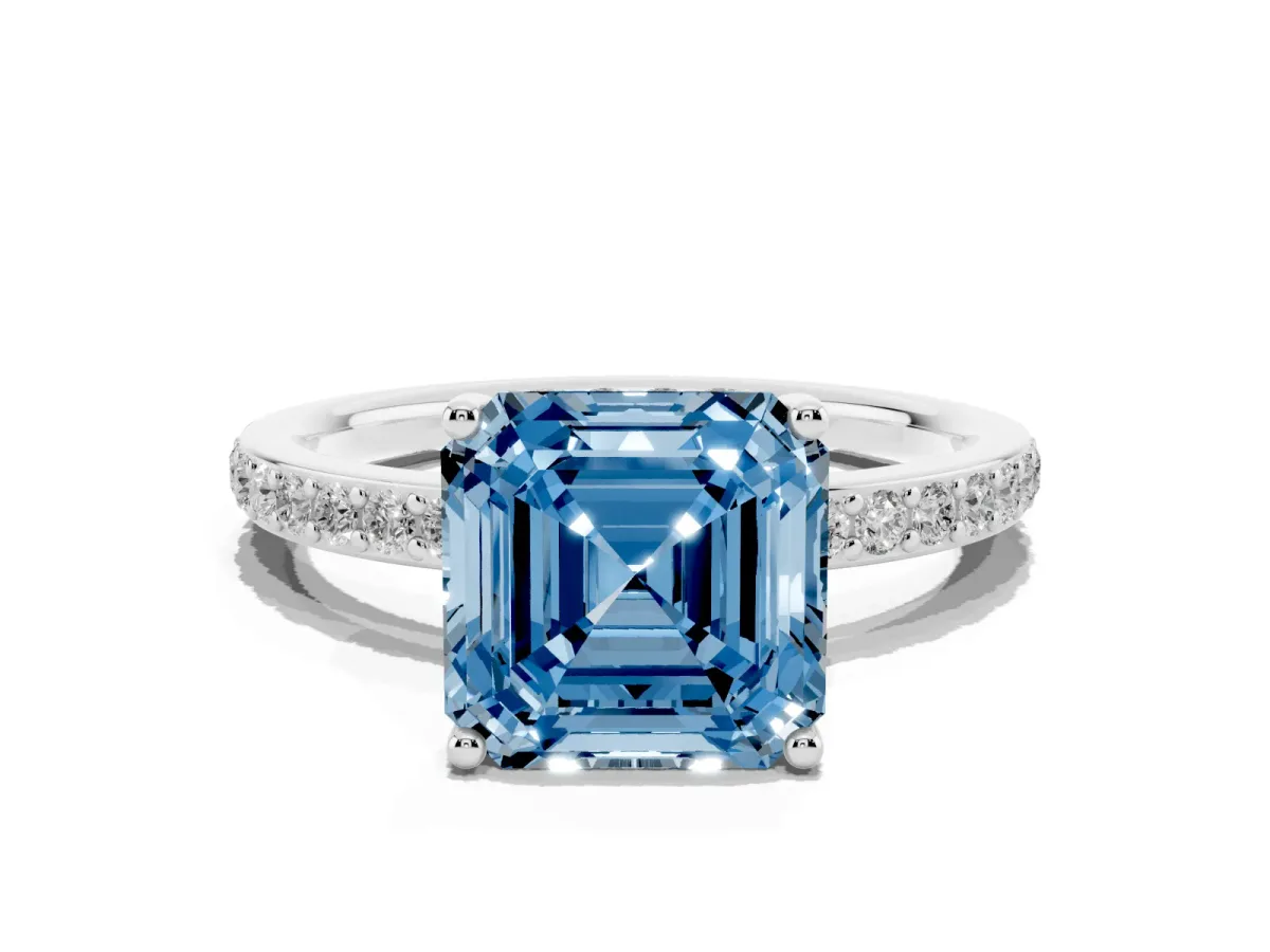 Fancy Blue Asscher Cut Cut Diamond Pavé Band Ring with Four-Prong Setting Silver
