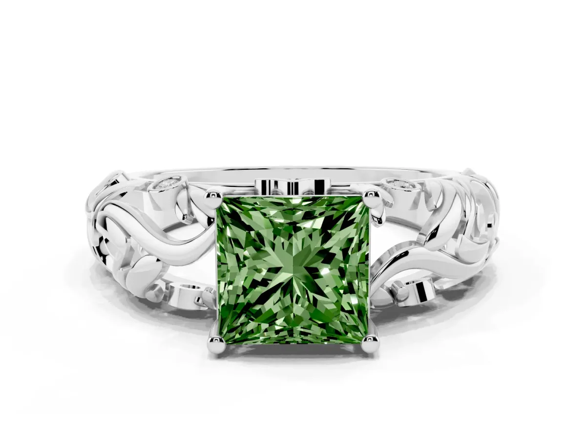 Fancy Green Princess Cut Solitaire Diamond Leaf-Inspired Vine Band Ring with Prong Setting Silver
