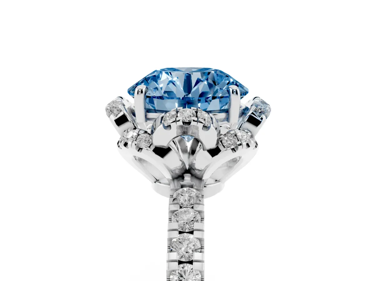 Fancy Blue Round Cut Diamond Halo Pave Band with Four-Prong Setting White gold