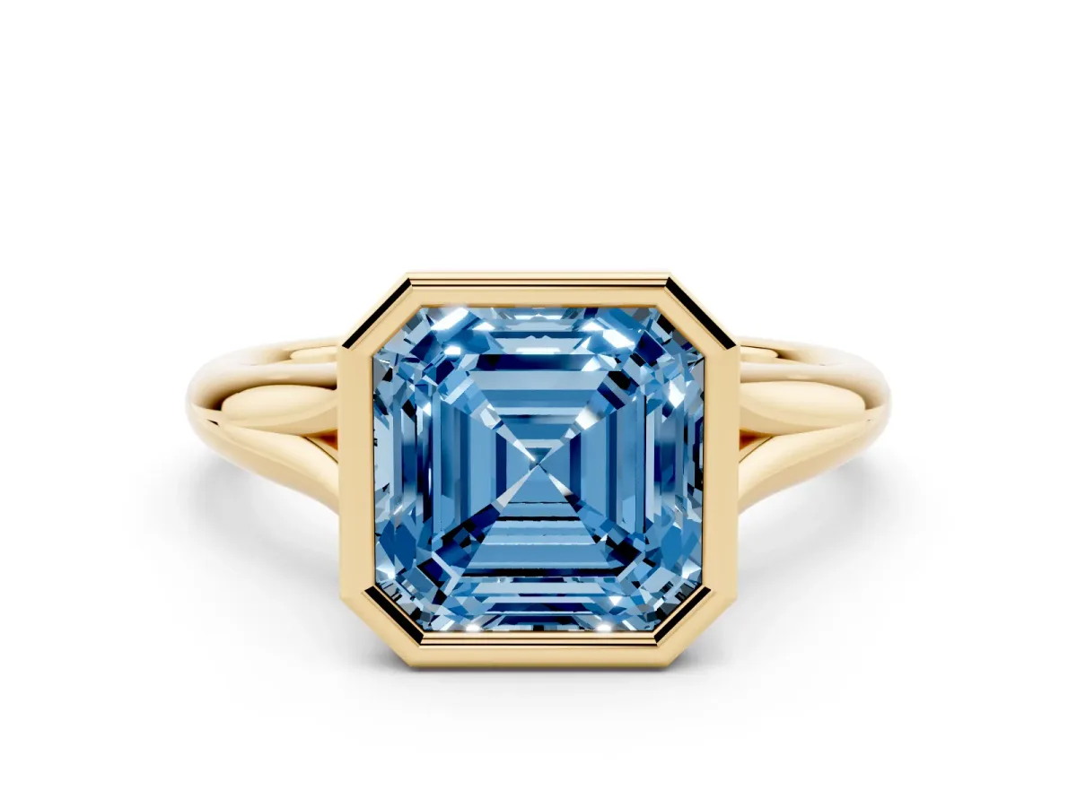 Fancy Blue Bezel Set Asscher Cut Solitaire Diamond Ring with Smooth Band Yellow gold