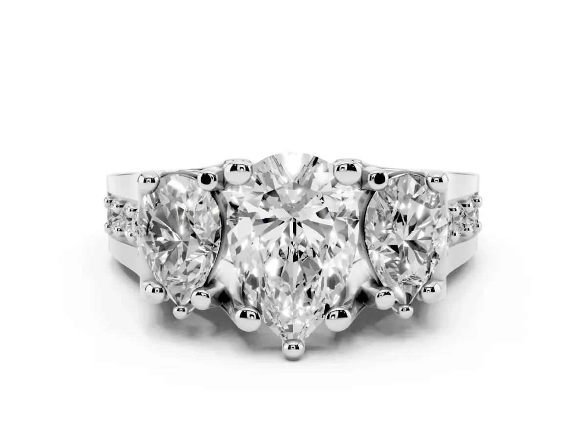 Pear Cut Diamond Three-Stone Ring with Channel Set Band and Four-Prong Setting Silver