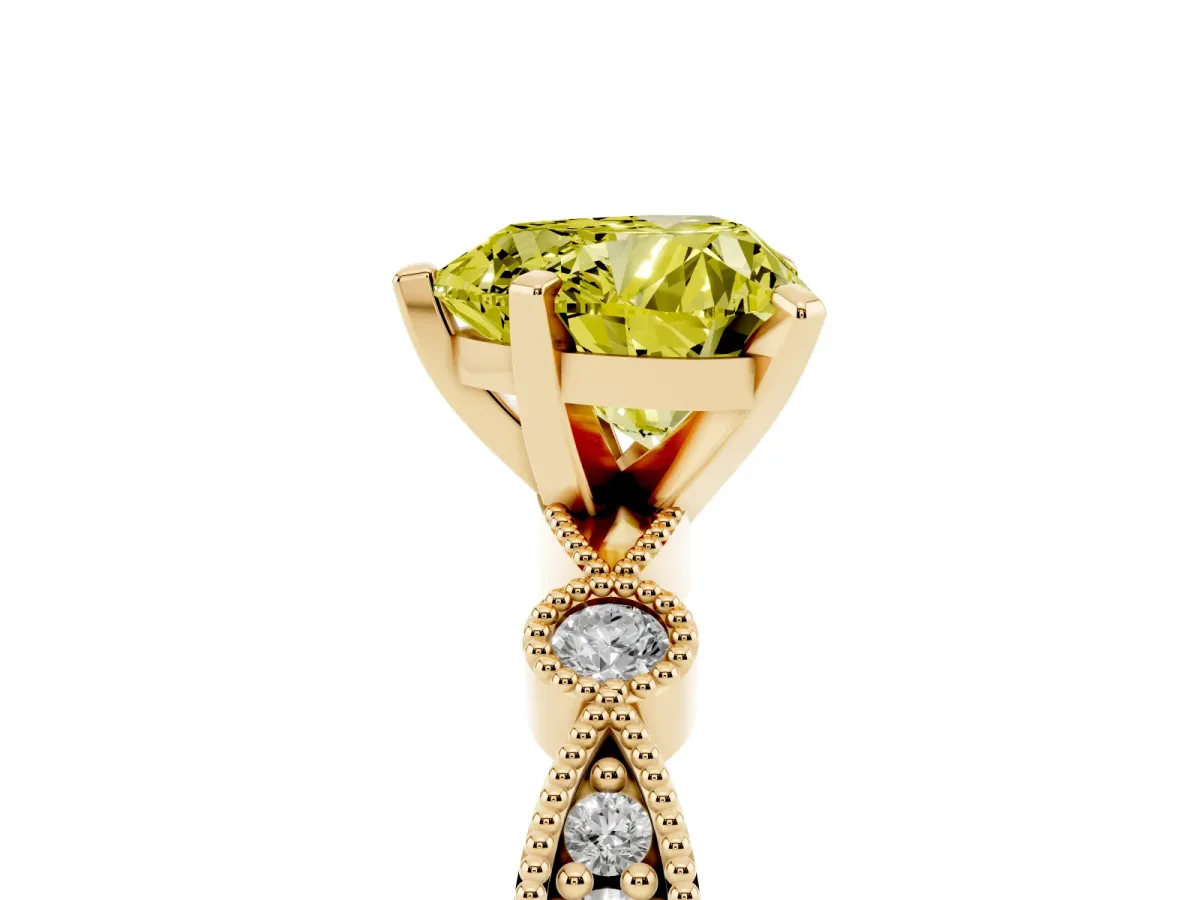 Fancy Yellow Heart Cut Milgrain Bezel Diamond Engagement Ring with Solitaire Prong Setting Yellow gold