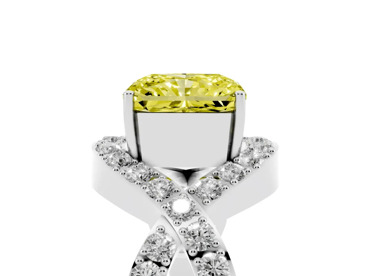 Fancy Yellow Radiant Cut Solitaire Twist Band Pavé Diamond Engagement Ring White gold