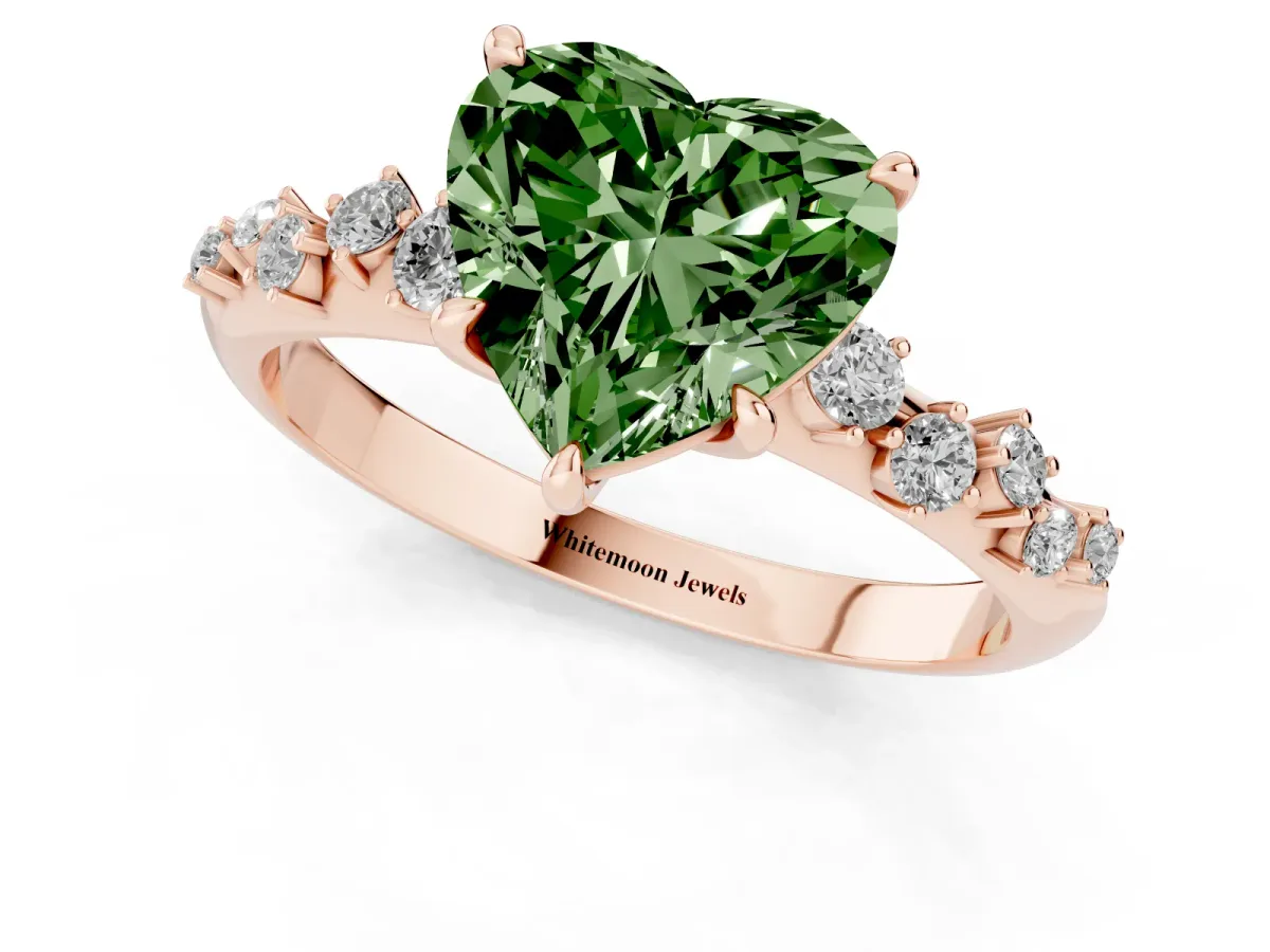 Fancy Green Heart Cut Diamond Cluster Side Stone Solitaire Ring with Prong Setting Rose gold