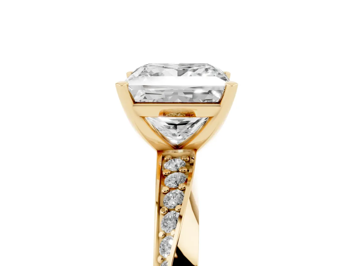 Princess Cut Diamond Engagement Ring with Side Stone Accents and Four-Prong Setting Yellow gold