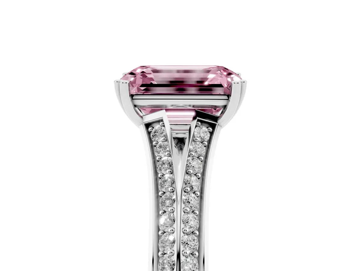 Fancy Pink Emerald Cut Diamond Split Shank Engagement Ring with Pavé Band Platinum