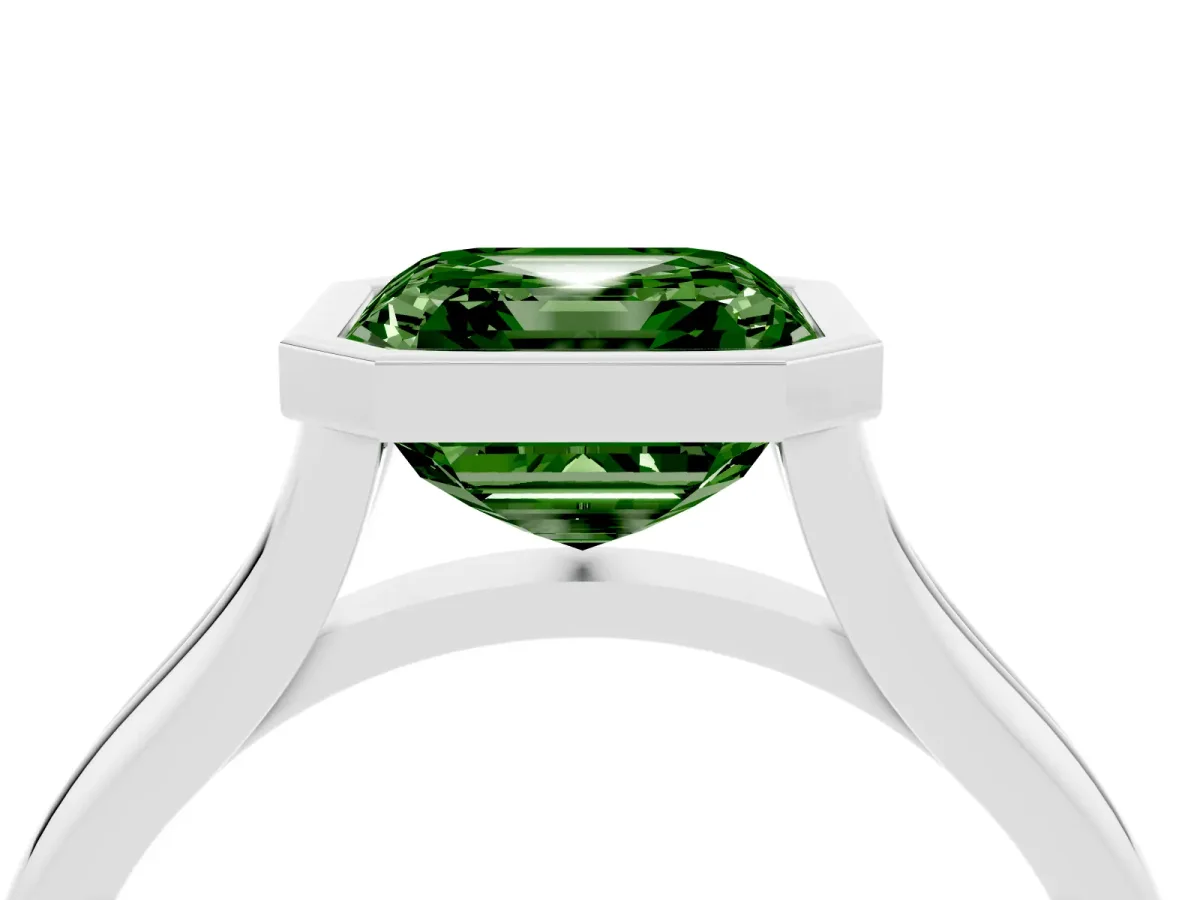 Fancy Green Bezel Set Asscher Cut Cut Solitaire Ring with Tapered Band Silver