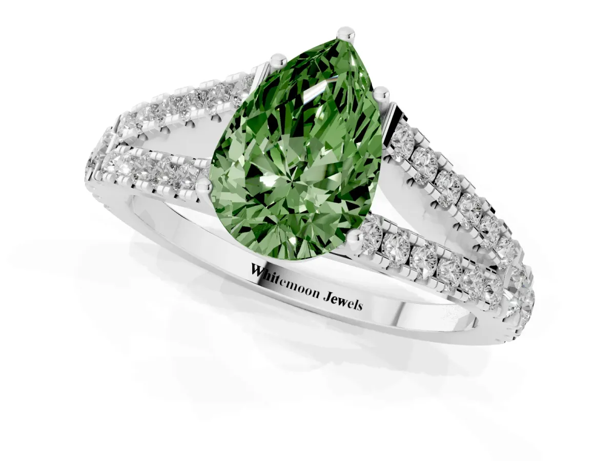 Fancy Green Pear Cut Diamond Split Shank Engagement Ring with Round Pavé and Prong Setting Platinum