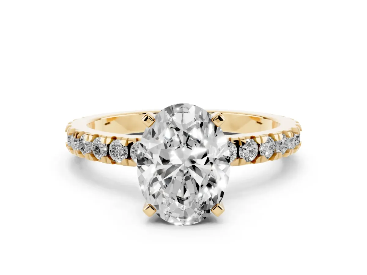 Oval Cut Diamond Pavé Band Solitaire with Four-Prong Setting Yellow gold