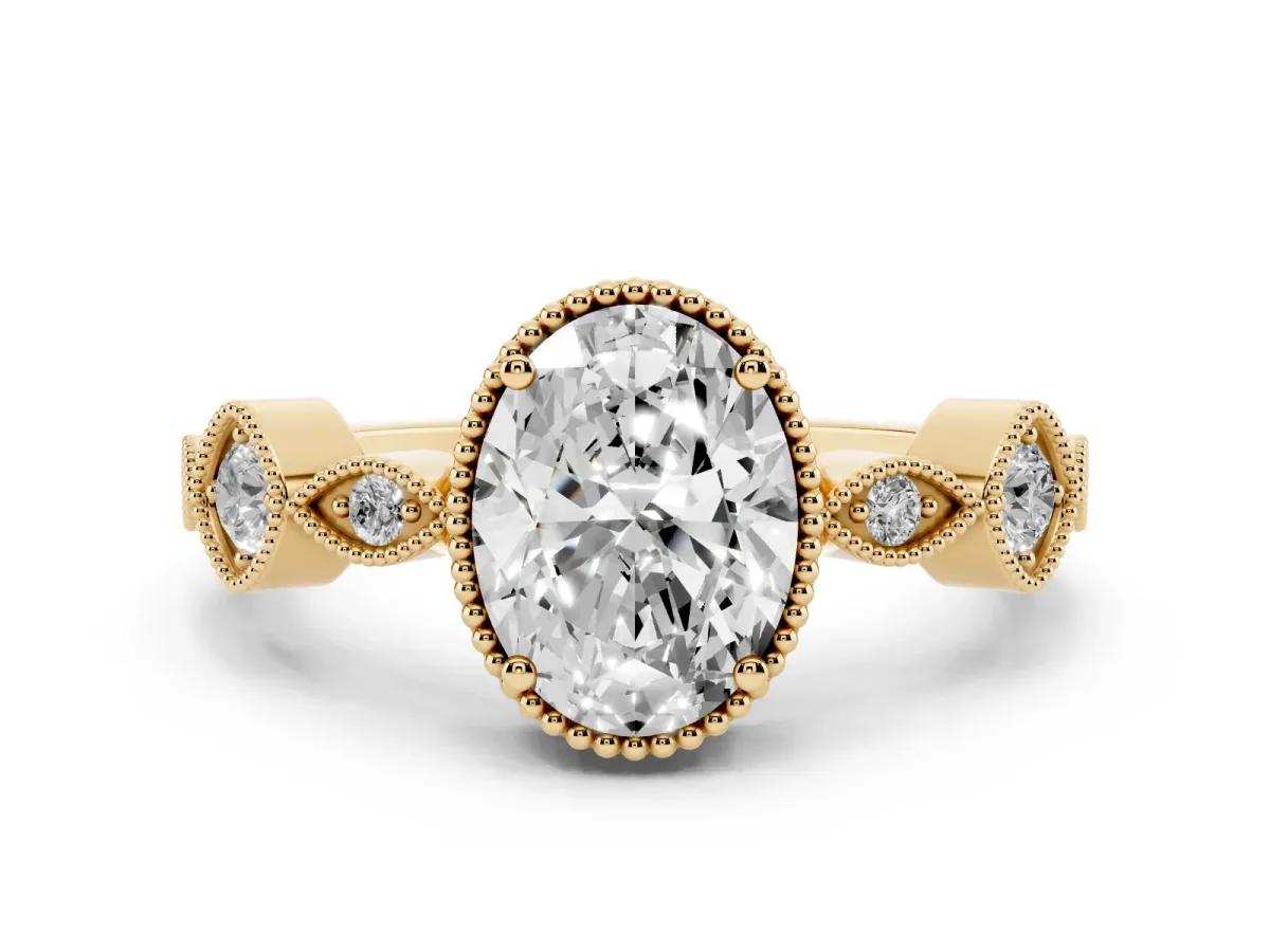 Oval Cut Diamond Vintage Milgrain Ring with Round Stations Yellow gold