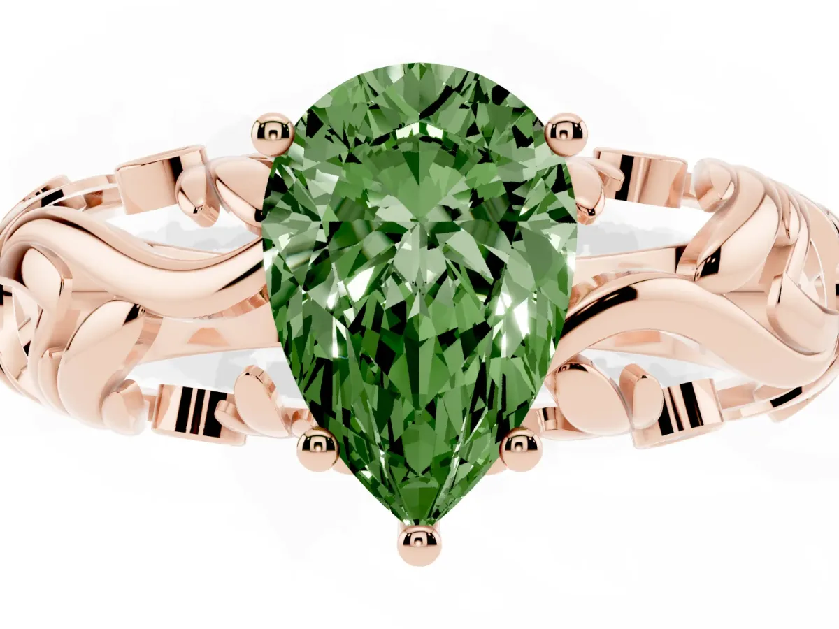 Fancy Green Pear Cut Solitaire Diamond Leaf-Inspired Vine Band Ring with Prong Setting Rose gold