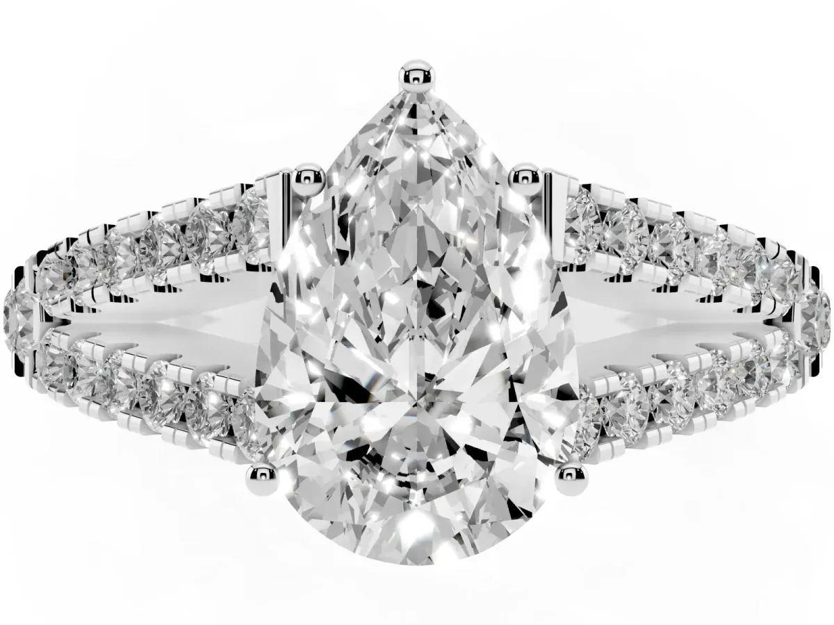 Pear Cut Diamond Split Shank Pavé Engagement Ring with Four-Prong Setting Platinum