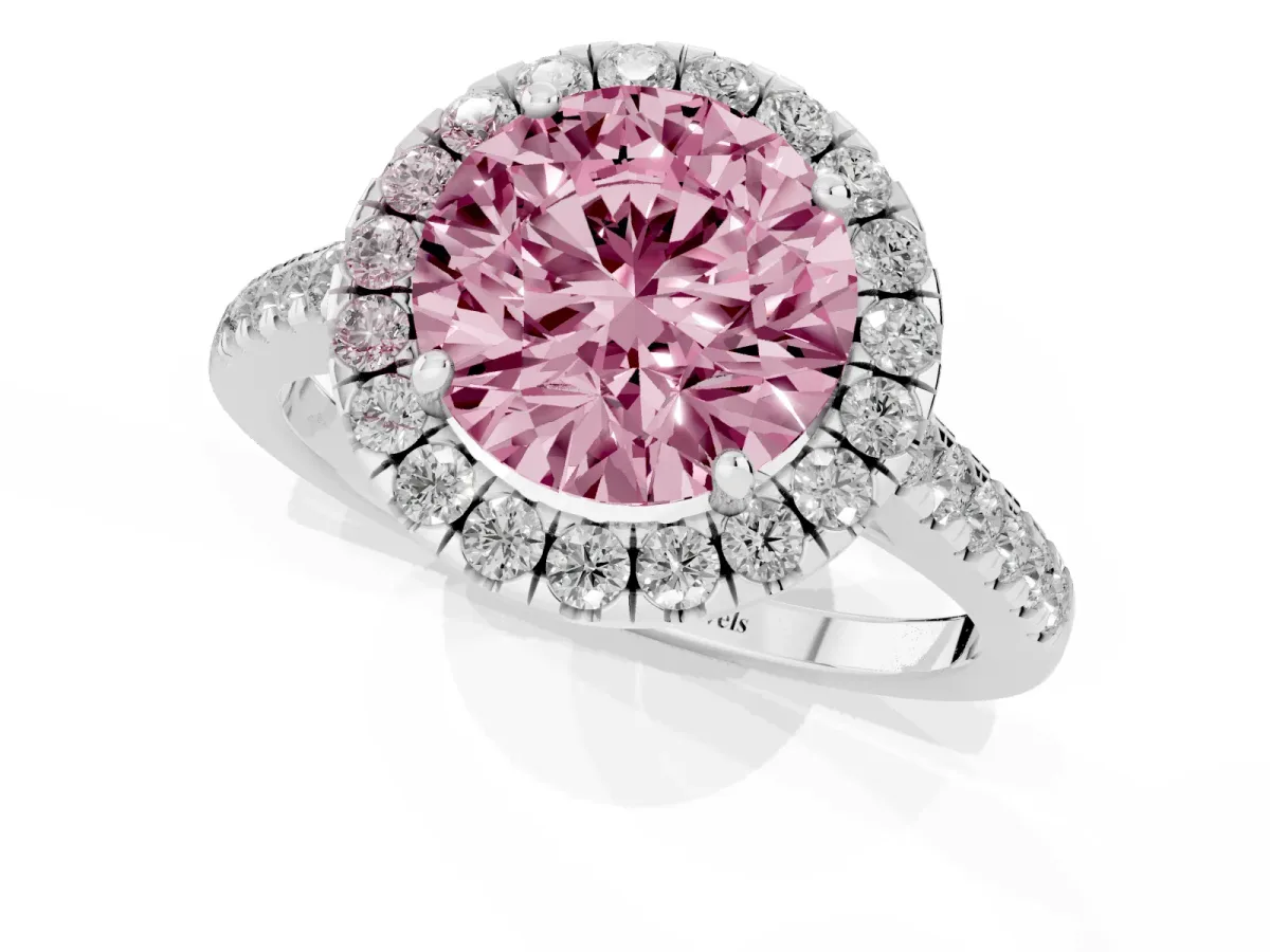 Fancy Pink Round Cut Halo Pave Diamond Engagement Ring with Four-Prong Setting Silver