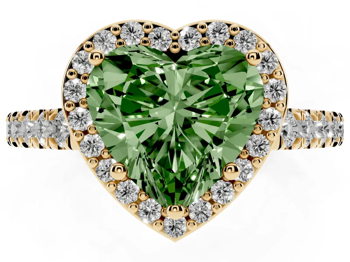 Fancy Green Heart Cut Cut Halo Diamond Engagement Ring with Pave Band and Four-Prong Setting Yellow gold